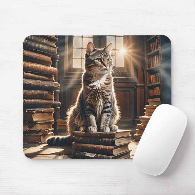 Mousepad Tabby Cat Em Livros De Biblioteca Antigos (Com mouse)