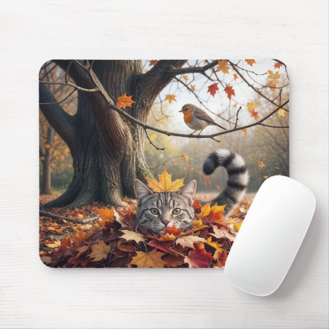 Mousepad Tabby Cat em uma pilha de Folhas de outono (Com mouse)