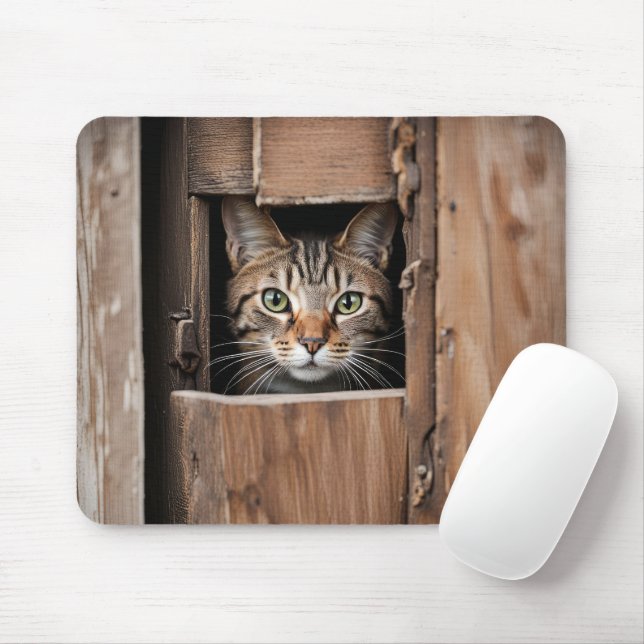 Mousepad Tabby Cat In Barn Door Buraco (Com mouse)