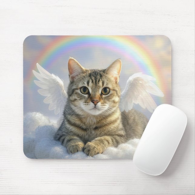 Mousepad Tabby Cat With Angel Wings and Rainbow (Com mouse)