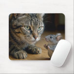 Mousepad Tabby Cat With Brave Mouse<br><div class="desc">A curious tabby cat fixates on a daring mouse that scurries across the wooden floor,  creating an intense standoff between predator and prey</div>