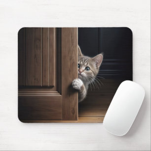 Mousepad Tabby Kitten Purgando em torno de uma porta de mad