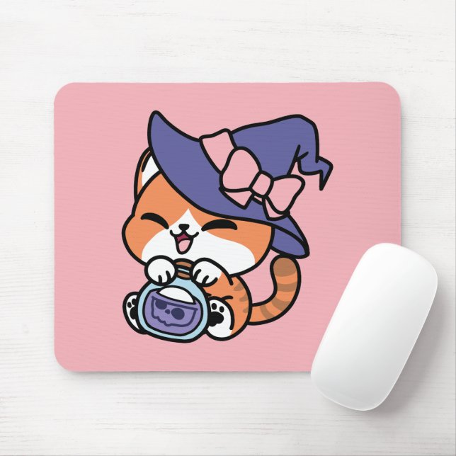 Mousepad Tabby Witch Brew – Cute Halloween Cat Design (Com mouse)