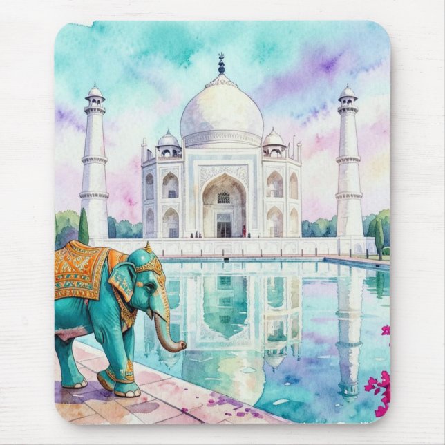 Mousepad Taj Mahal & Elefante Aquarela (Frente)