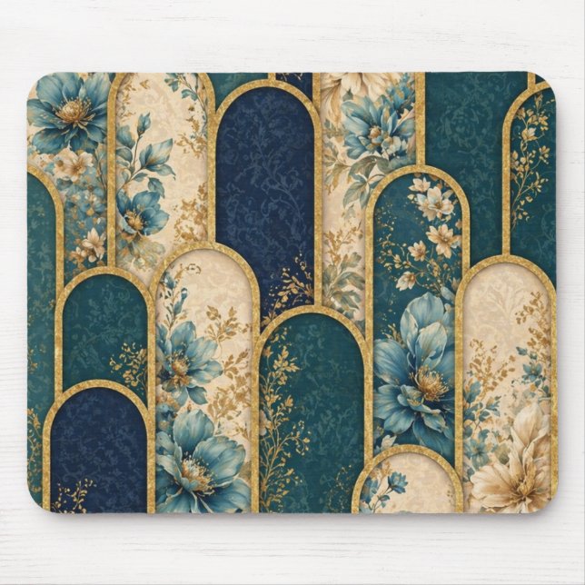 Mousepad Tampo de Mouse Arco Floral Dourado e Azul Turquesa (Frente)