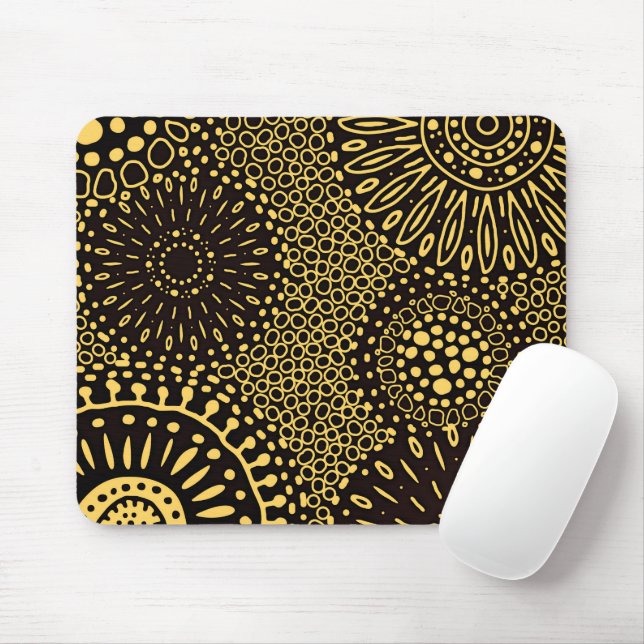 Mousepad Tampo de Mouse Padrão Floral Étnico Preto Dourado (Com mouse)