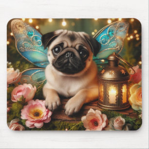Mousepad Tampo de Mouse Pug de Filhote com Asa de Fada e Fl