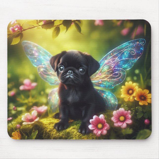 Mousepad Tampo de Mouse Pug Fada Doce no Jardim Florido (Frente)