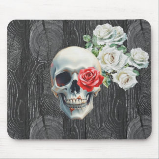 Mousepad Tampo de Mouse Textura de Madeira Caveira e Rosas