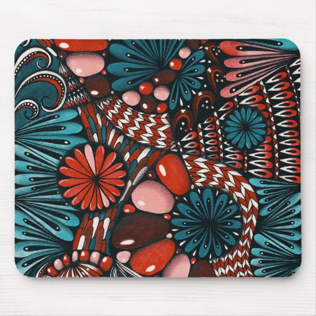 Mousepad Tampo de Mouse Zentangle Abstrato em Azul Teal e V (Frente)