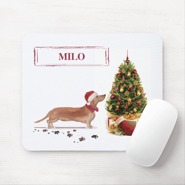 Mousepad Tan Dachshund Engraçado Cachorro de Natal com Árvo (Com mouse)