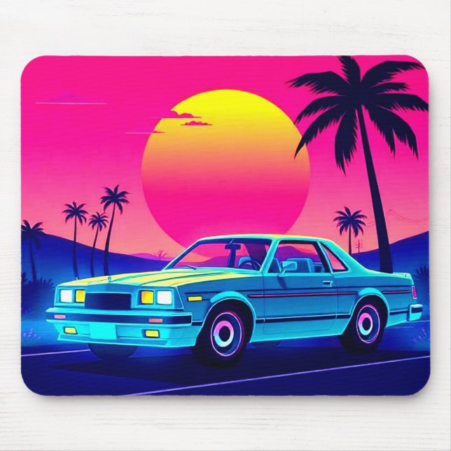 Mousepad Tapete de Mesa para Jogos Retro 80s Outrun Sunset  (Frente)
