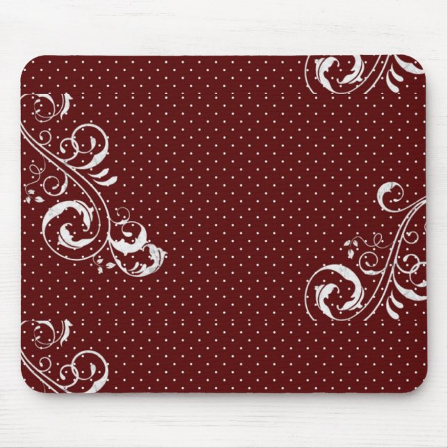 Mousepad Tapete de Mouse Burgundy com Bolinhas Brancas e Fl (Frente)