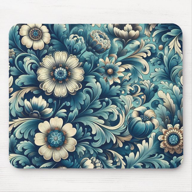 Mousepad Tapete de Mouse com Padrão Floral Azul (Frente)