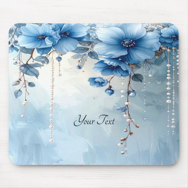 Mousepad Tapete de Mouse Flores Azuis e Pérolas (Frente)