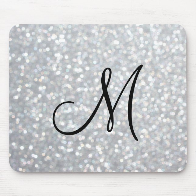 Mousepad Tapete do rato de prata Sparkly do monograma (Frente)