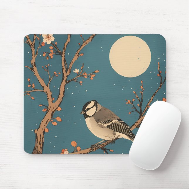 Mousepad Tapis De Souris - Moonlit Bird on Blossom Branch (Com mouse)