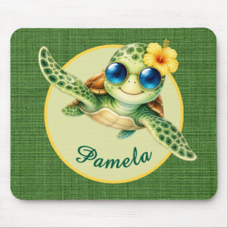Mousepad Tartaruga Bebê Fofa com Óculos de Sol Azuis e Hibi