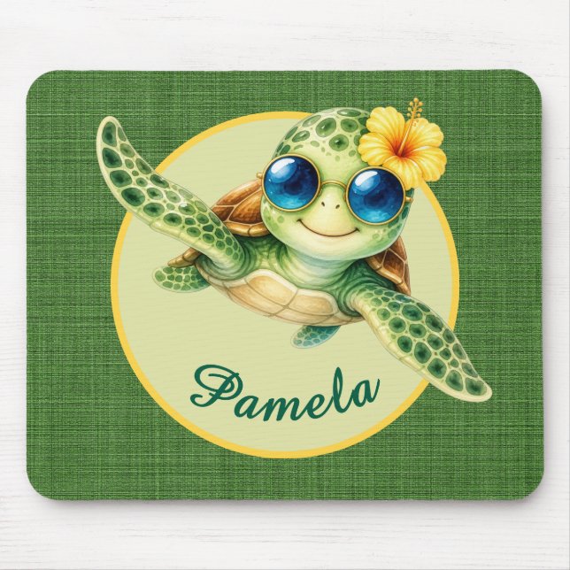 Mousepad Tartaruga Bebê Fofa com Óculos de Sol Azuis e Hibi (Frente)