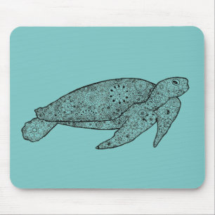 Mousepad Tartaruga de mar floral artística ilustrada mão