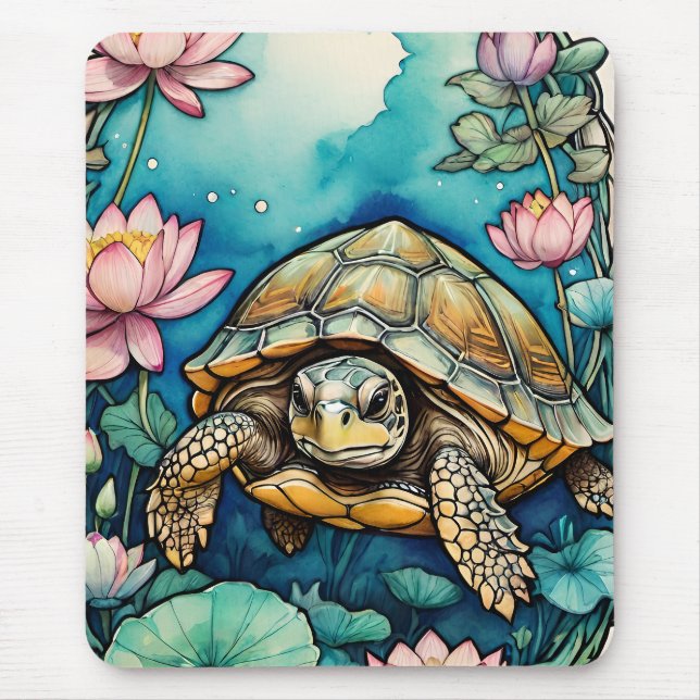 Mousepad Tartaruga-do-mar Lotus Tartarugas-de-Arte Flores (Frente)