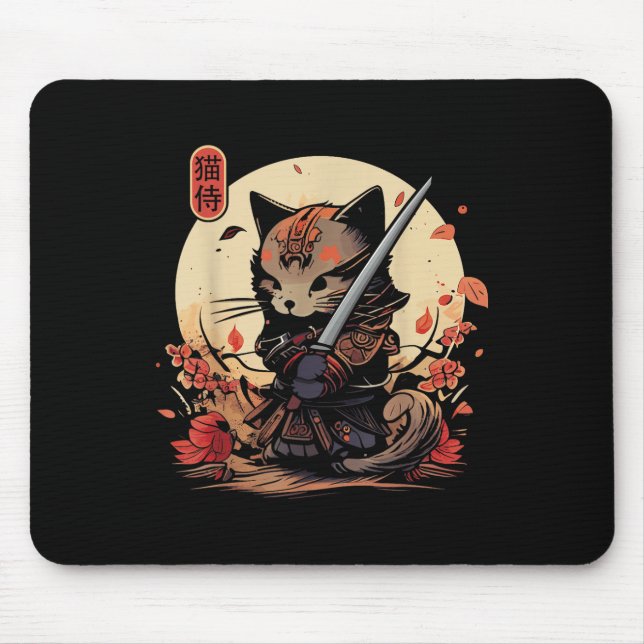 Mousepad Tatuagem de Gato Samurai Japonês, Kawaii Ninja Cat (Frente)