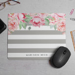 Mousepad Taupe Rosa Antiquado e Greige Stripe<br><div class="desc">O moderno peony floral mousepad apresenta grisalha esverdeada chic taupe ou faixas beges-cinza com um buquê de cor-de-rosa pincelada e verde-salva que florescem do topo. Personalize com um nome,  monograma ou mensagem usando o campo fornecido.</div>