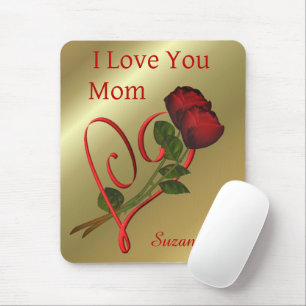 Mousepad Te Amo Mãe, Rosa vermelha Coração Personalizado