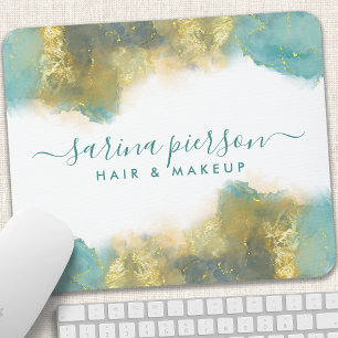 Mousepad Teal And Gold Modern Art Liquid Watercolor Ink