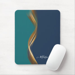 Mousepad Teal Azul de Ondas Douradas Elegante com Nome