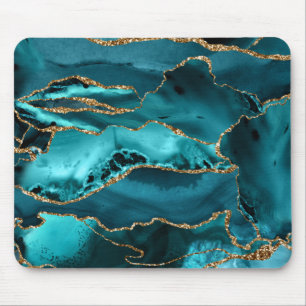 Mousepad Teal Blue and Gold Glitter Agate