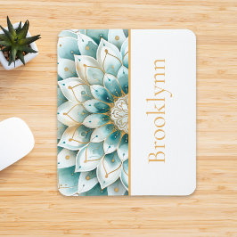 Mousepad Teal Blue Dourado Floral Mandala Personalizado