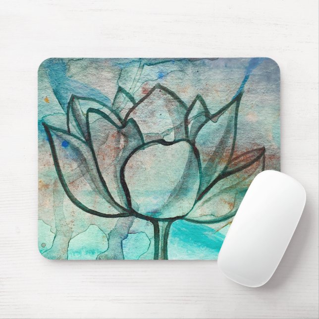 Mousepad Teal Blue Watercolor Flor Elegante Artsy Lotus (Com mouse)