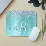 Mousepad Teal Brugado Metal Silver Glitter Nome Monograma<br><div class="desc">Personalize facilmente esta trendy pastilha do mouse chic design com brilho bonito prateado em um fundo metálico escovado teal.</div>