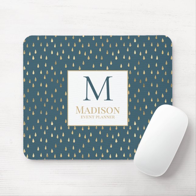 Mousepad Teal Green Raindrop Modern Trendy Monograma Dourad (Com mouse)