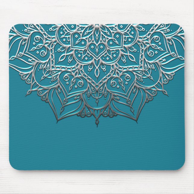 Mousepad Teal & Silver Mandala Elegante Mínimo Marroquino (Frente)