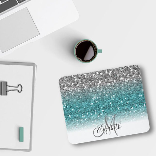 Mousepad Teal Silver Ombre Bling Personalizado (Criador carregado)