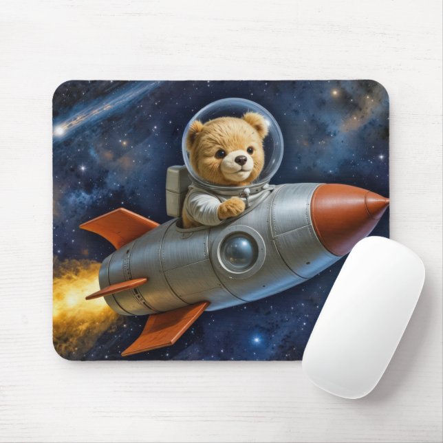 Mousepad Teddy Bear Flying In a Rocket Ship (Com mouse)