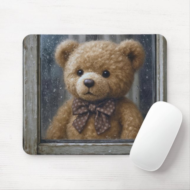 Mousepad Teddy Bear Gazing Out of Rainy Window (Com mouse)