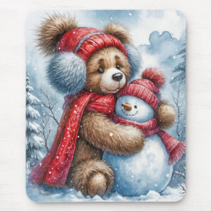 Mousepad Teddy Bear Hugging a Snowman