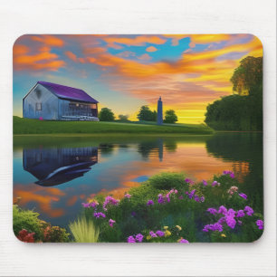 Mousepad Telhado roxo de fazenda grande no pôr do sol
