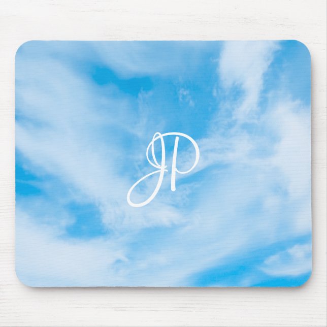 Mousepad Tendy Blue Sky White Clouds Monograma manuscrito (Frente)