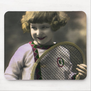 Mousepad Tênis Esportivo Vintage, Garota Feliz com Raquete