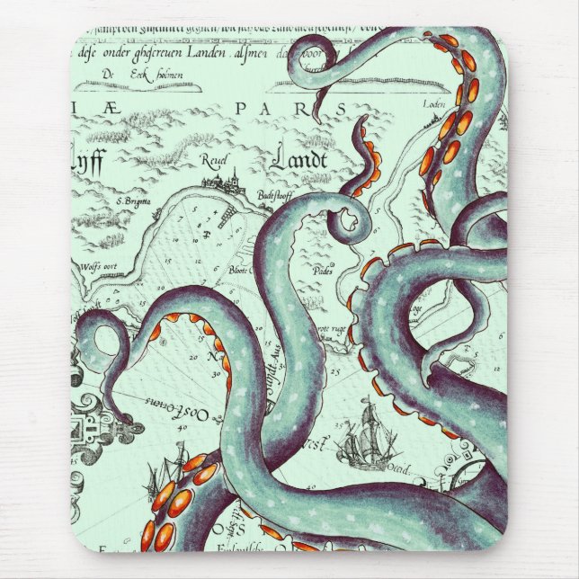 Mousepad Tentáculos Teais No Mapa Da Vintagem Teal (Frente)