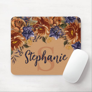Mousepad Terracotta Marinho Azul Aquarela Monograma Floral 