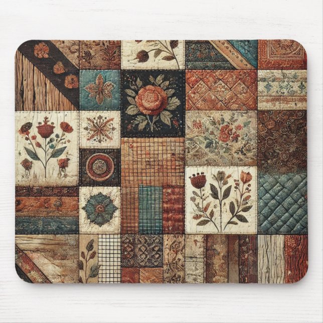 Mousepad Terracotta Patchwork Quilt Rustic Floral Desk (Frente)