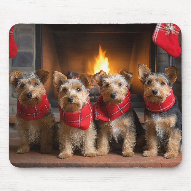 Mousepad Terrier Australiano junto à Lareira Natal (Frente)
