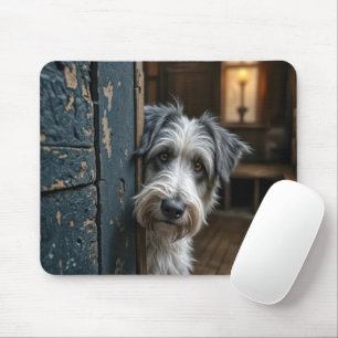 Mousepad Terrier espiando uma porta antiga