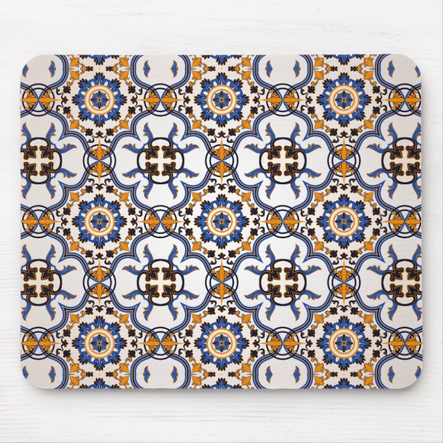 Mousepad Teste padrão amarelo azul de Azulejo do português (Frente)