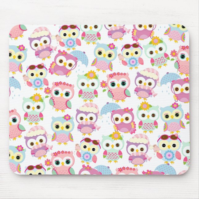 Mousepad Teste padrão bonito das corujas cor-de-rosa (Frente)